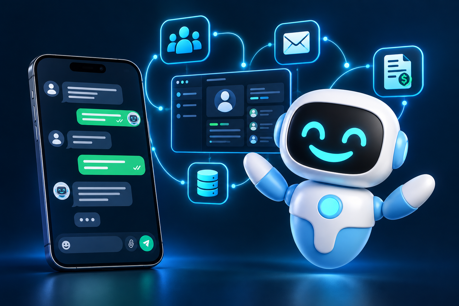 Ilustración de una integración de WhatsApp, IA y sistemas