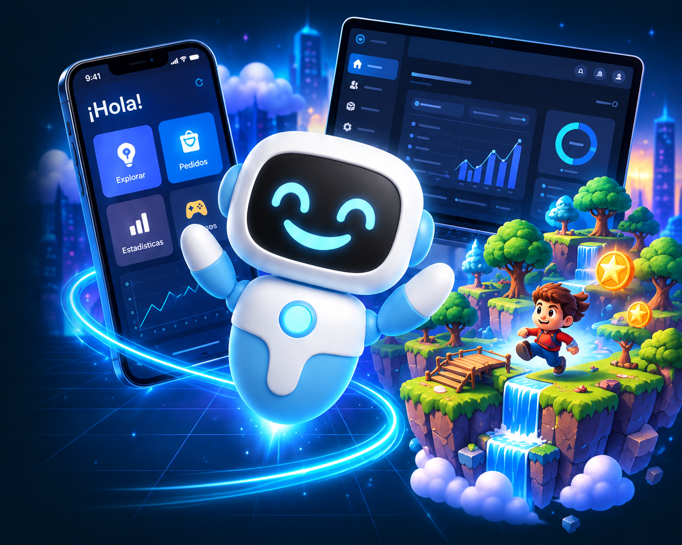 Robot de Fundev Studio junto a una aplicación móvil, un sistema administrativo y un mundo de videojuegos